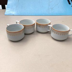 Set of 4 Eleanor Germany Coffee Cups White w/Orange Trim Metallic Gold Scrolls